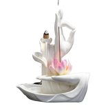 porte encens du mudras gyan blanc avec fleur rose sur fond blanc
