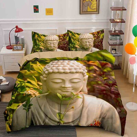 parure de lit bouddha statue dans des feuilles