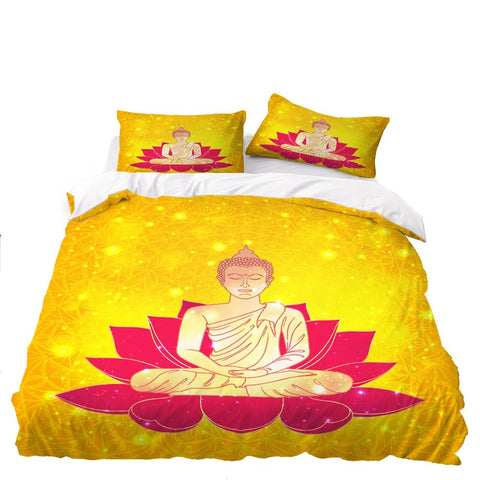parure de lit zen bouddha jaune et rose sur fond blanc