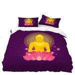 parure de lit bouddha or et violet sur fonds blanc 